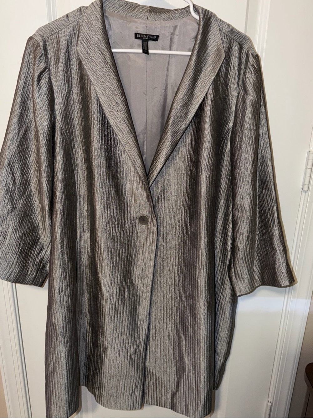 Eileen Fisher Metallic Silver Shawl Collar Jacket 100% Silk